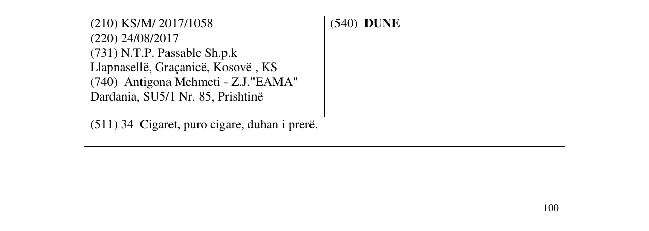 Zëri i markës DUNE në buletin