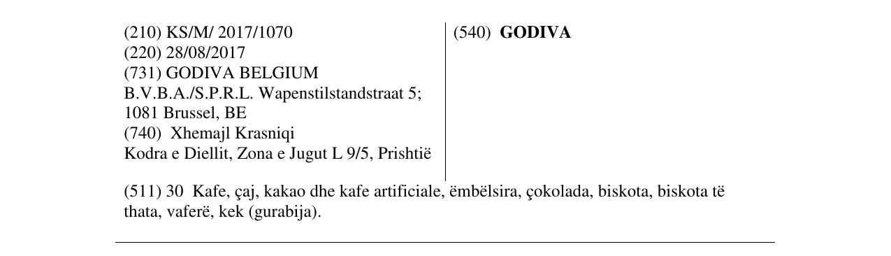 Zëri i markës GODIVA në buletin