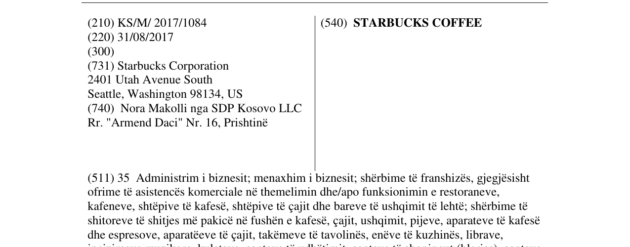 Zëri i markës STARBUCKS COFFEE në buletin