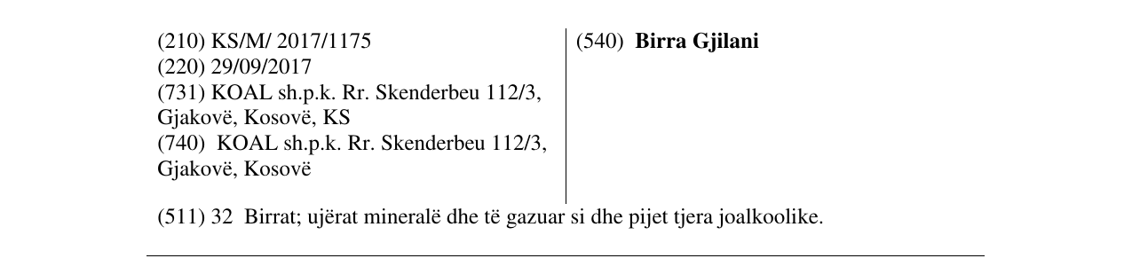 Zëri i markës Birra Gjilani në buletin