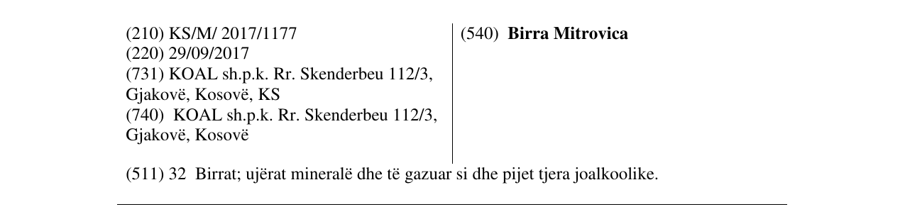 Zëri i markës Birra Mitrovica në buletin