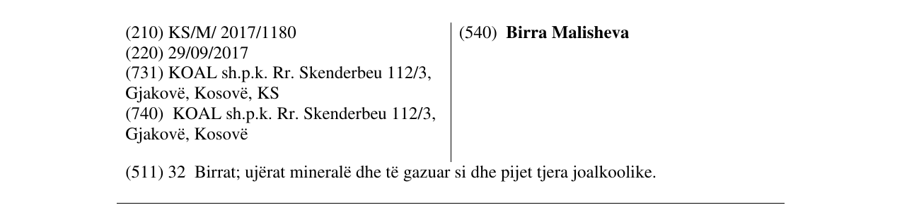 Zëri i markës Birra Malisheva në buletin