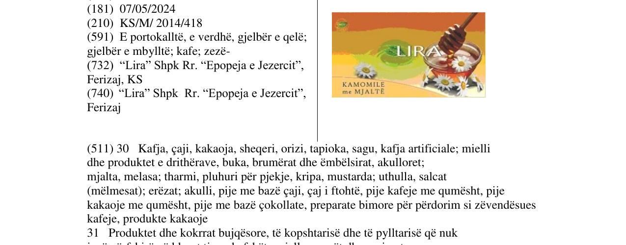 Zëri i markës LIRA KAMOMILE me MJALTE në buletin