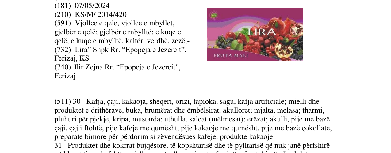 Zëri i markës LIRA FRUTA MALI në buletin