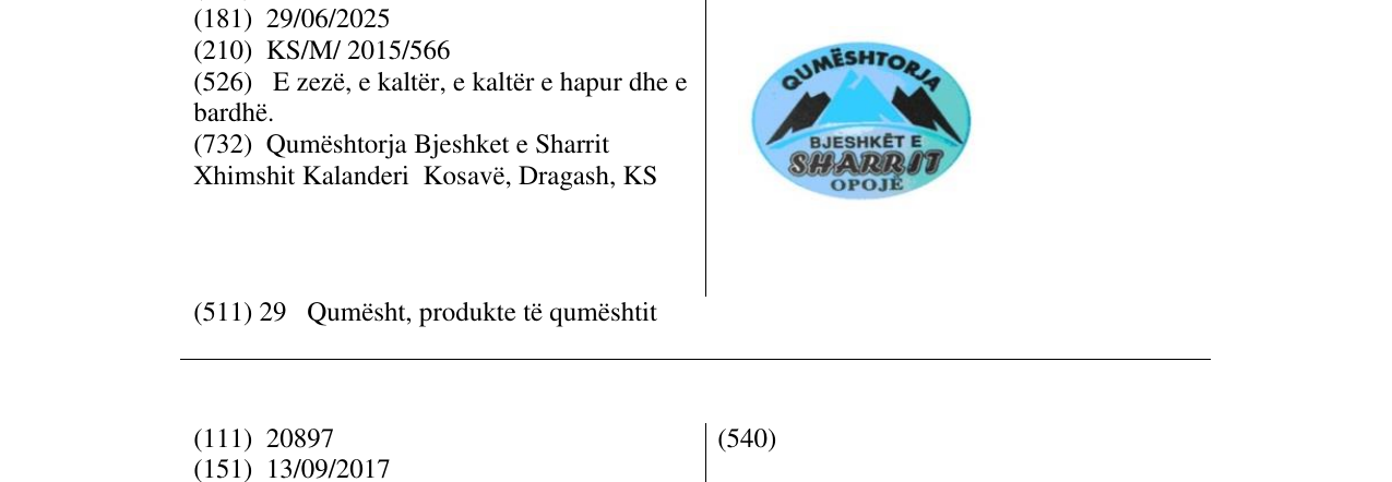 Zëri i markës Qumështorja Bjeshket e SHARRIT Opojë në buletin