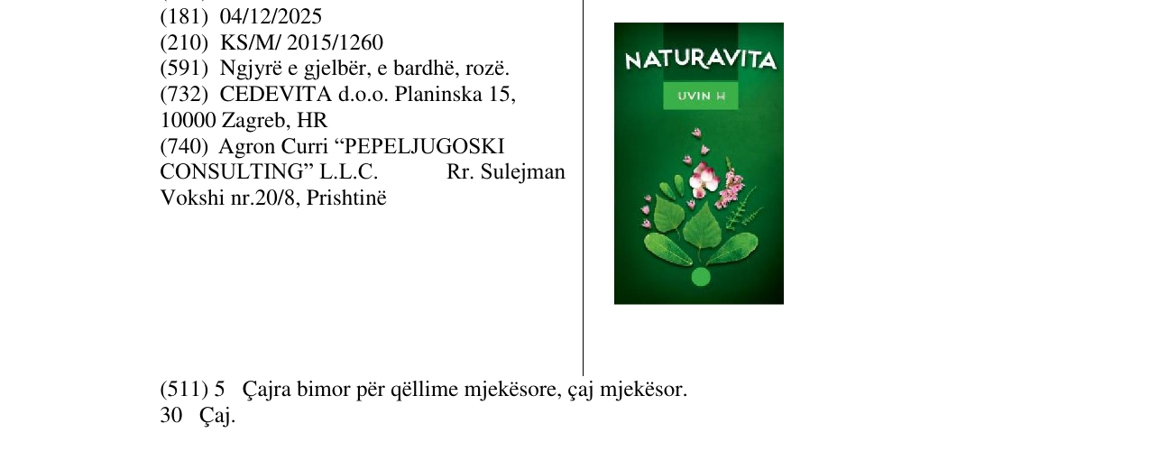 Zëri i markës NATURAVITA UVIN H në buletin