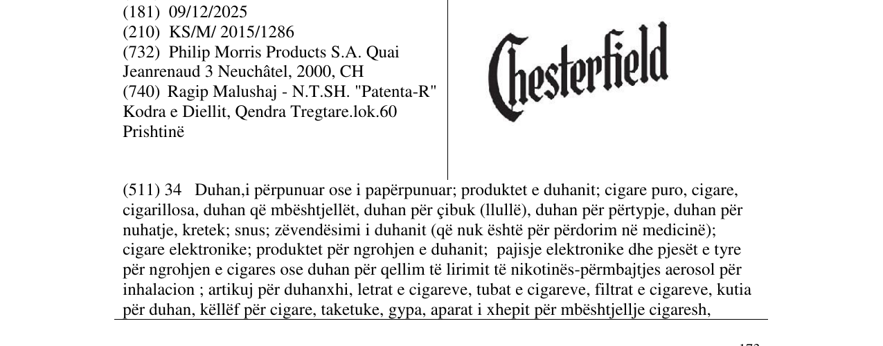 Zëri i markës Chesterfield në buletin