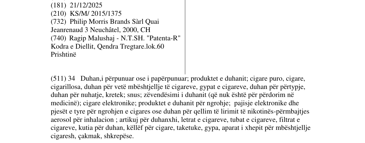 Zëri i markës PARLIAMENT në buletin