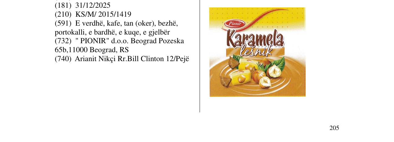Zëri i markës Pionir Karamela lesnik në buletin