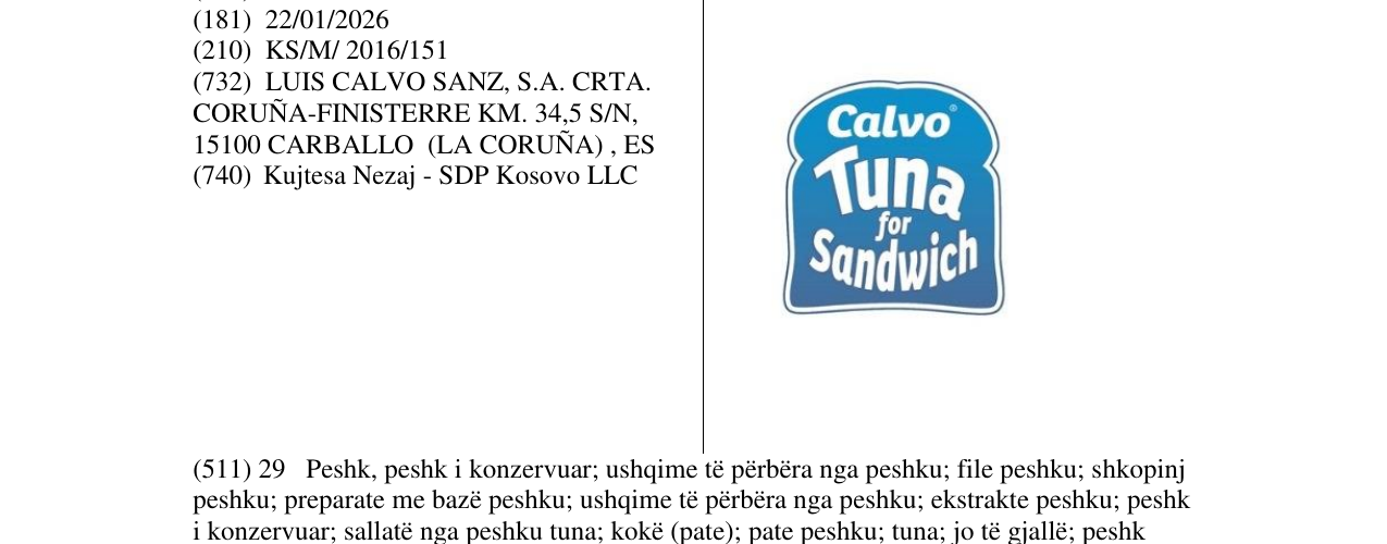 Zëri i markës Calvo TUNA for Sandwich në buletin