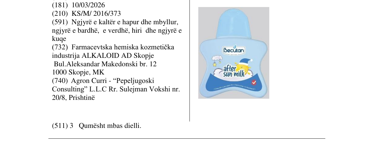 Zëri i markës Becutan after sun milk në buletin
