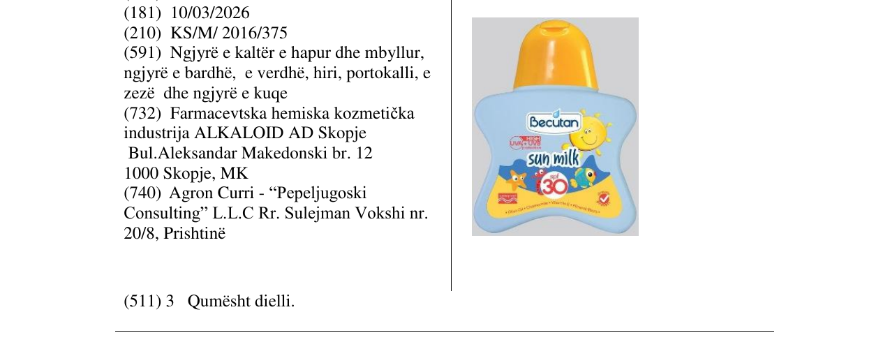 Zëri i markës Becutan sun milk 30 në buletin