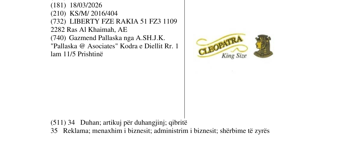 Zëri i markës CLEOPATRA King Size në buletin