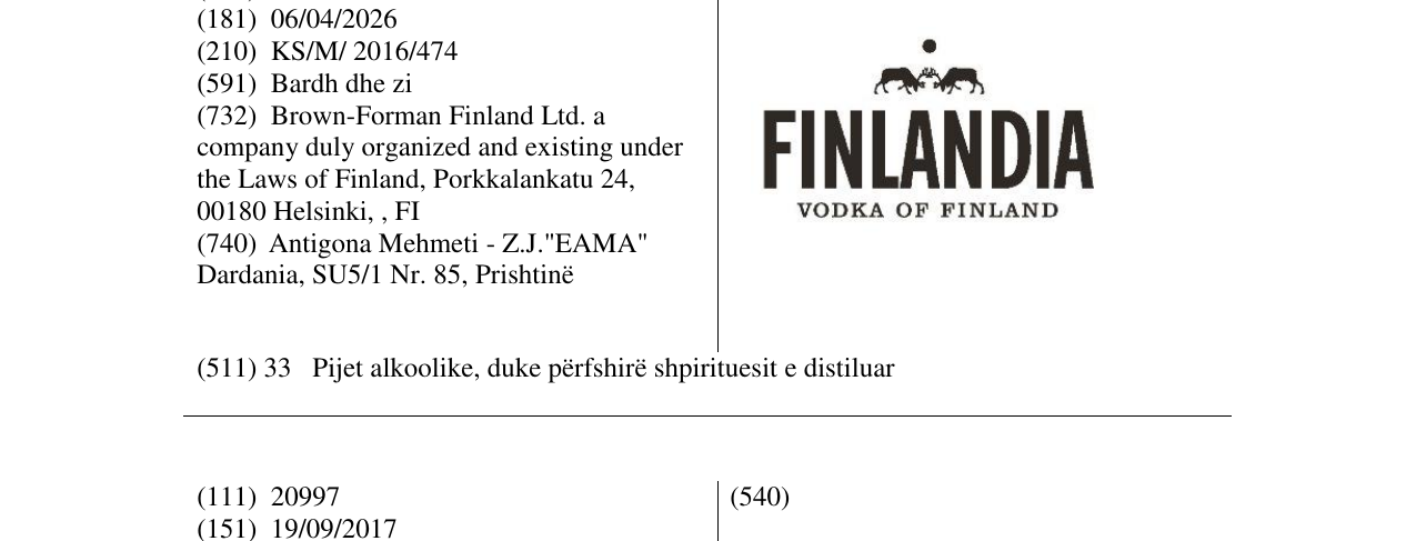 Zëri i markës FINLANDIA VODKA OF FINLAND në buletin
