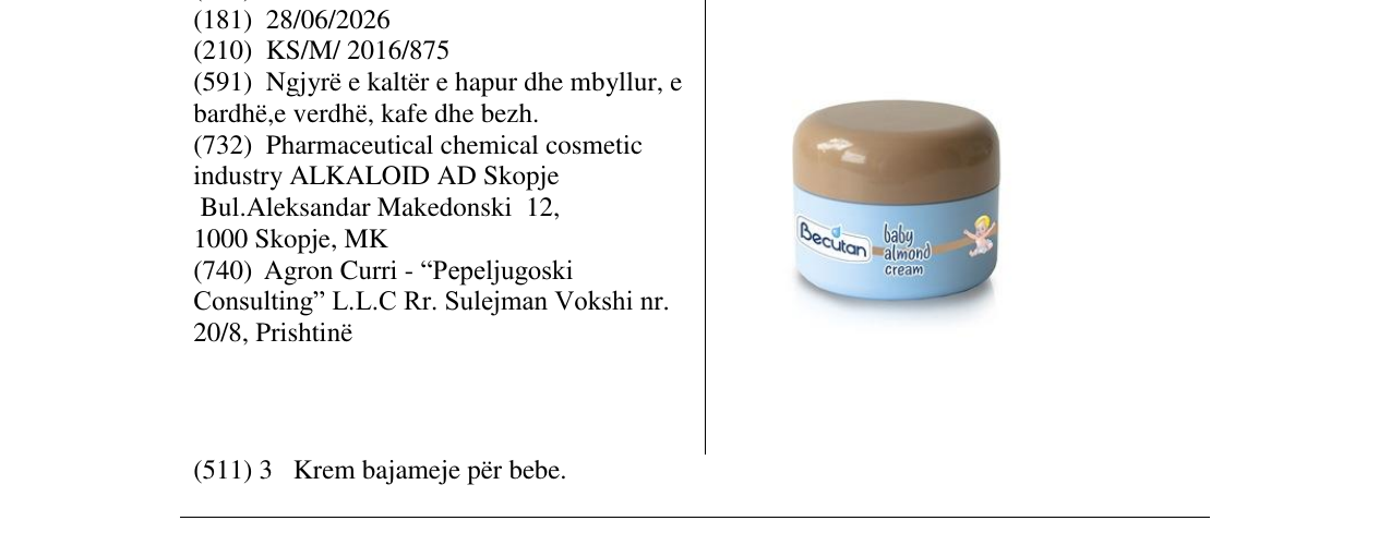 Zëri i markës Becutan baby almond cream në buletin