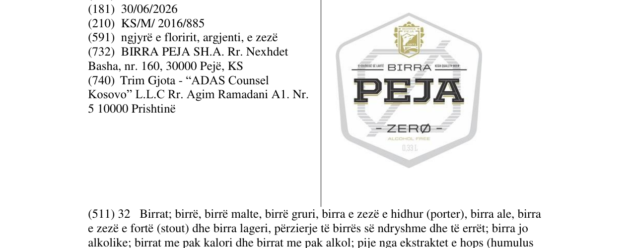 Zëri i markës BIRRA PEJA në buletin