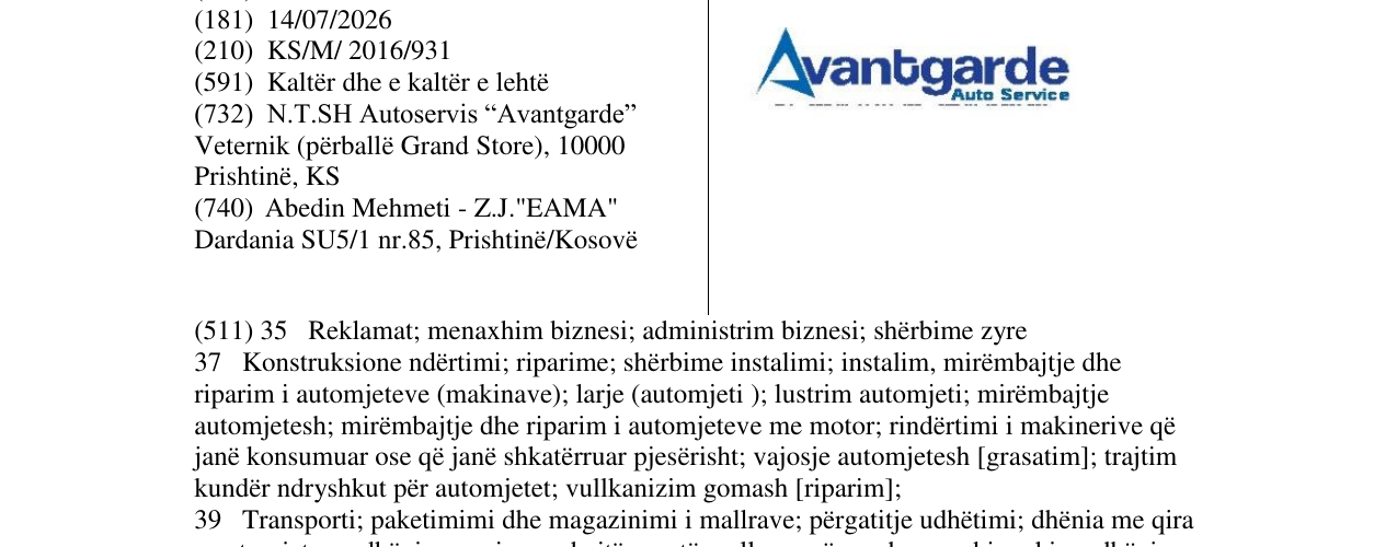Zëri i markës Avantgarde auto Service në buletin