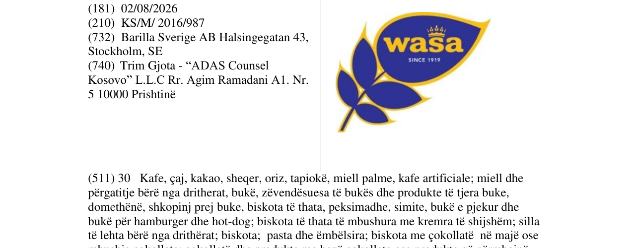 Zëri i markës wasa SINCE 1919 në buletin