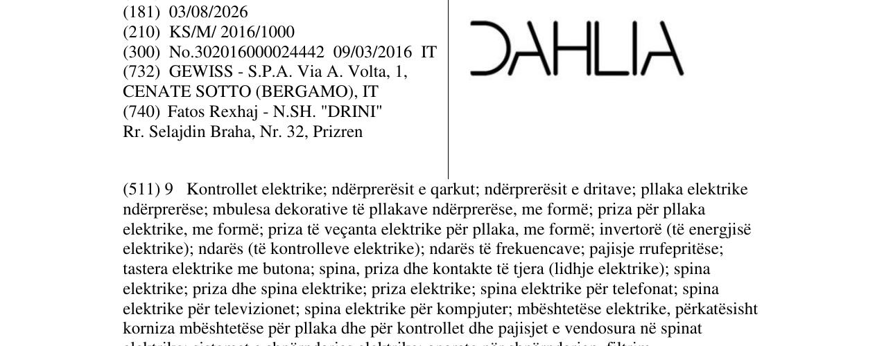 Zëri i markës DAHLIA në buletin
