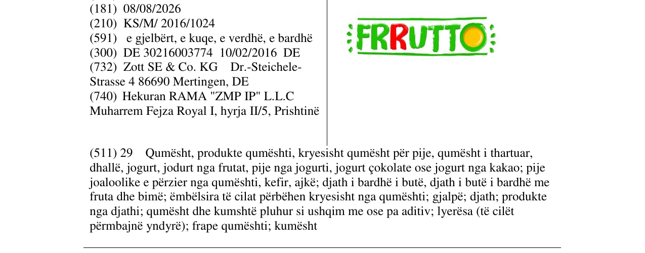 Zëri i markës FRRUTTO në buletin