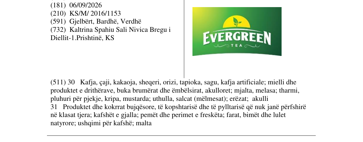 Zëri i markës EVERGREEN TEA në buletin
