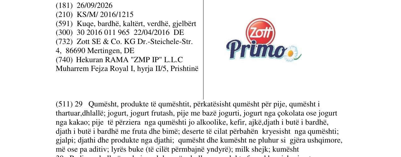 Zëri i markës Zott Primo në buletin