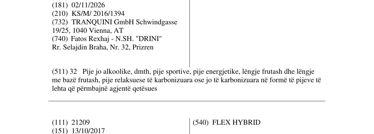 Zëri i markës TRANQUINI në buletin