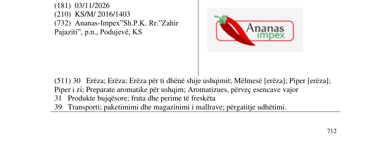 Zëri i markës Ananas Impex në buletin