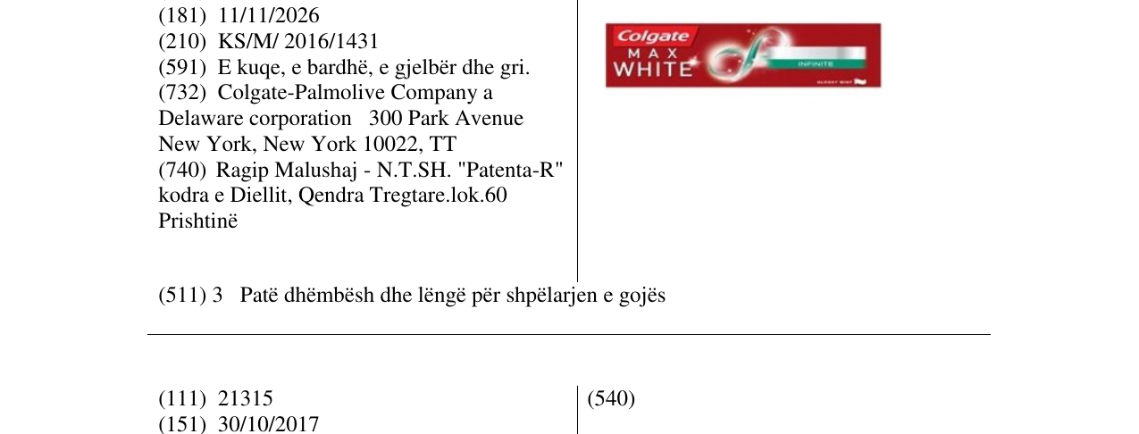 Zëri i markës Colgate MAX WHITE në buletin