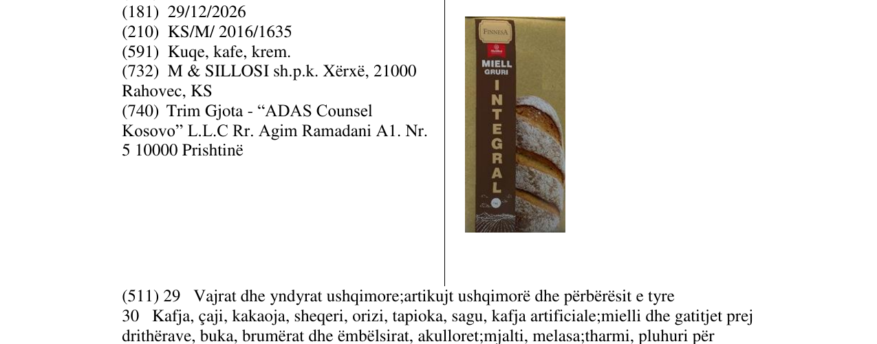 Zëri i markës Miell Gruri INTEGRAL në buletin