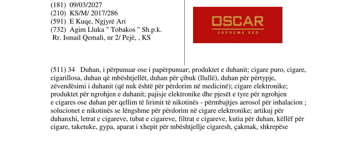 Zëri i markës OSCAR SUPREME RED në buletin