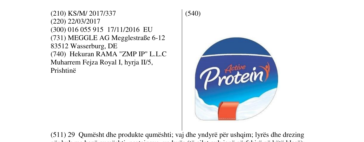 The entry of the trademark protein in the bulletin