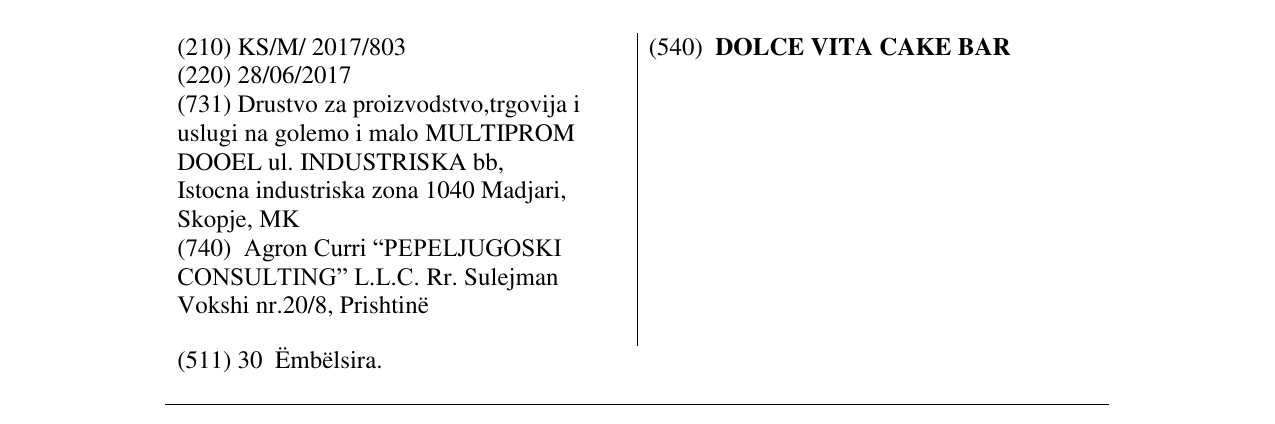Zëri i markës DOLCE VITA CAKE BAR në buletin