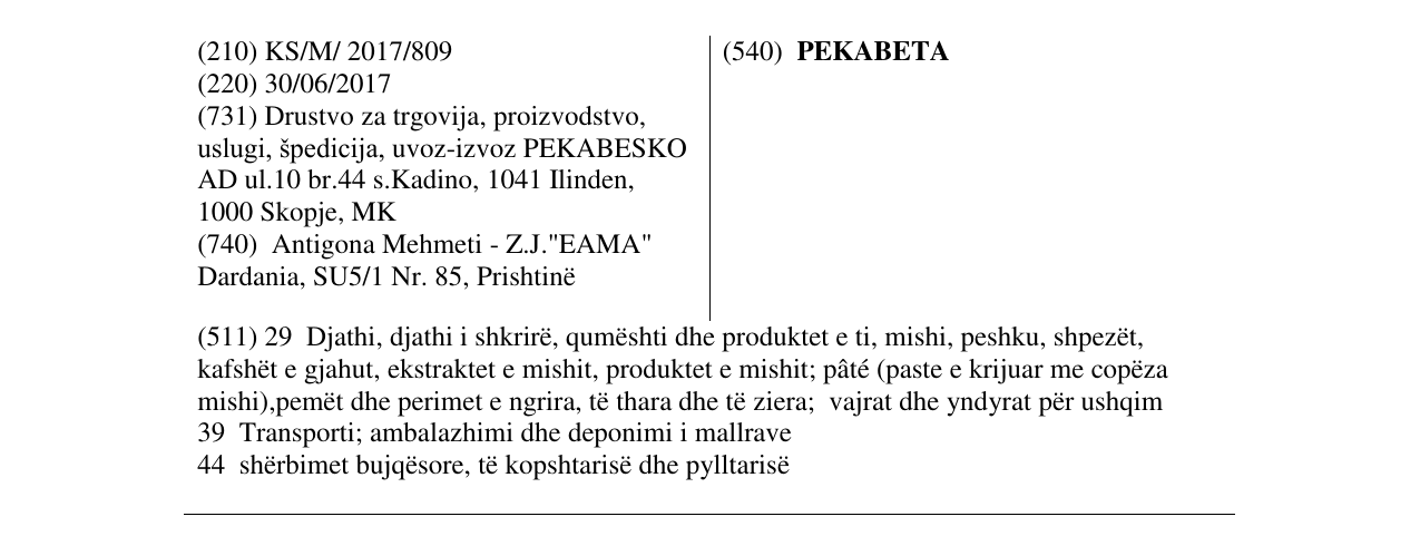 Zëri i markës PEKABETA në buletin