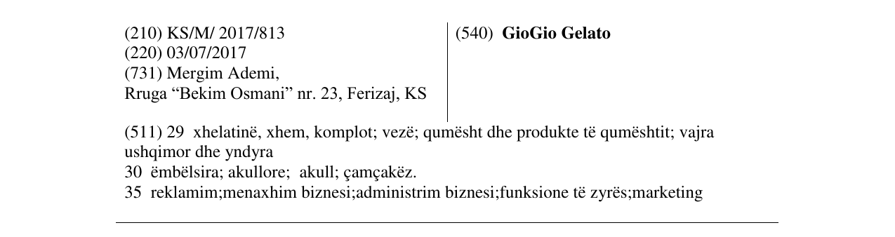 Zëri i markës GioGio Gelato në buletin