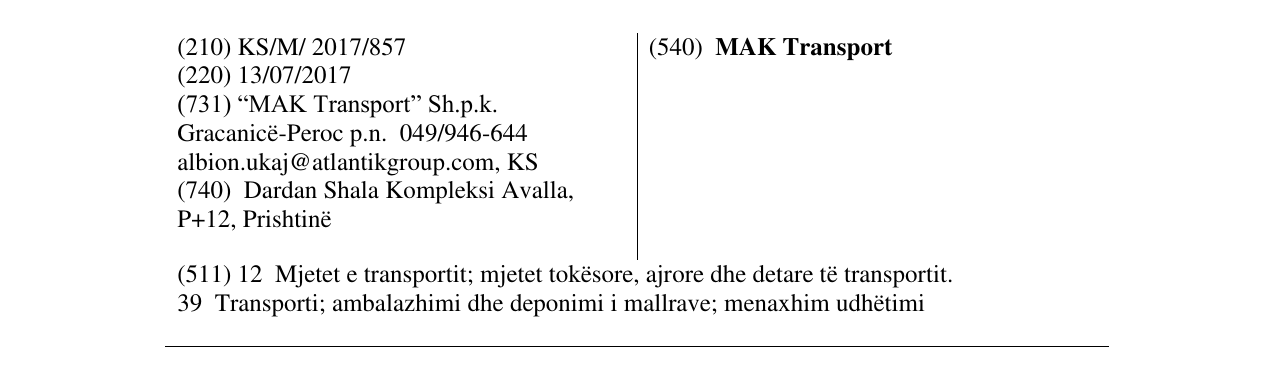 Zëri i markës MAK Transport në buletin