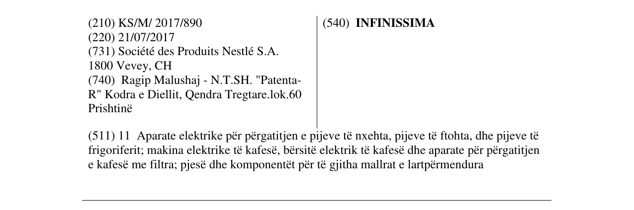 Zëri i markës INFINISSIMA në buletin