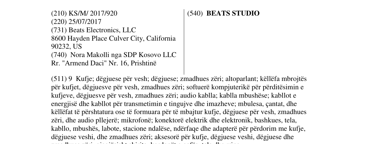 Zëri i markës BEATS STUDIO në buletin
