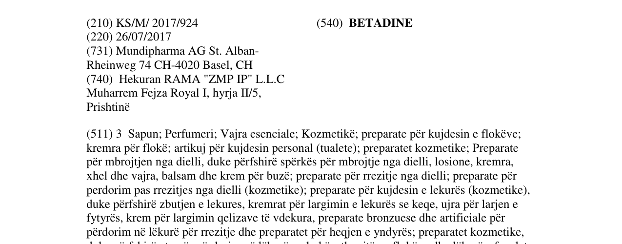 Zëri i markës BETADINE në buletin