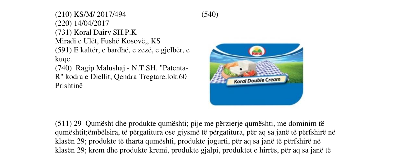 Zëri i markës Koral Double Cream në buletin