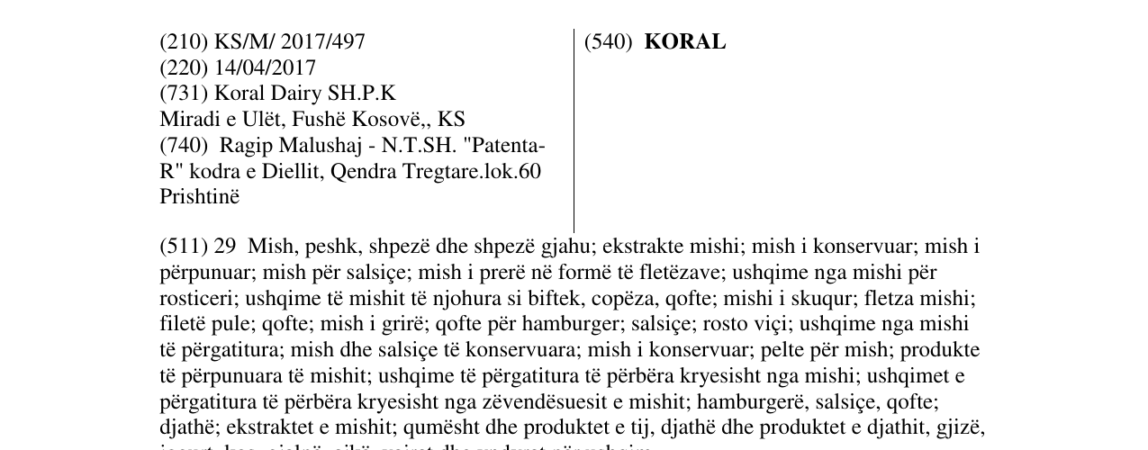 Zëri i markës KORAL në buletin