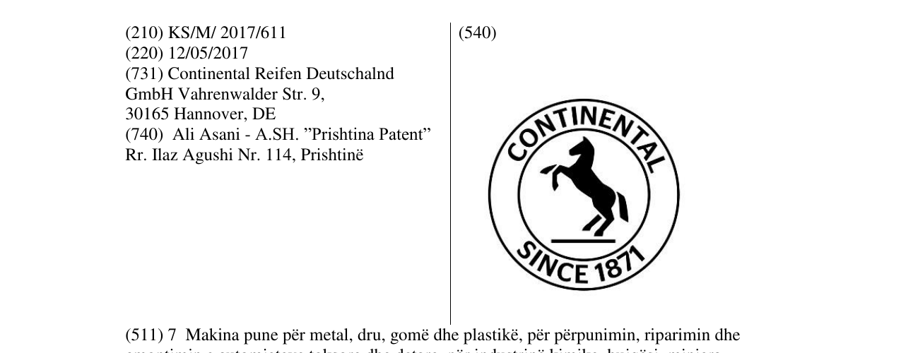 Zëri i markës CONTINENTAL SINCE 1871 në buletin