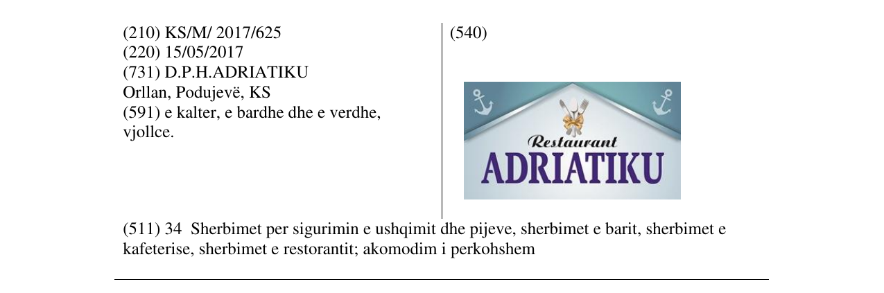 Zëri i markës Restaurant ADRIATIKU në buletin