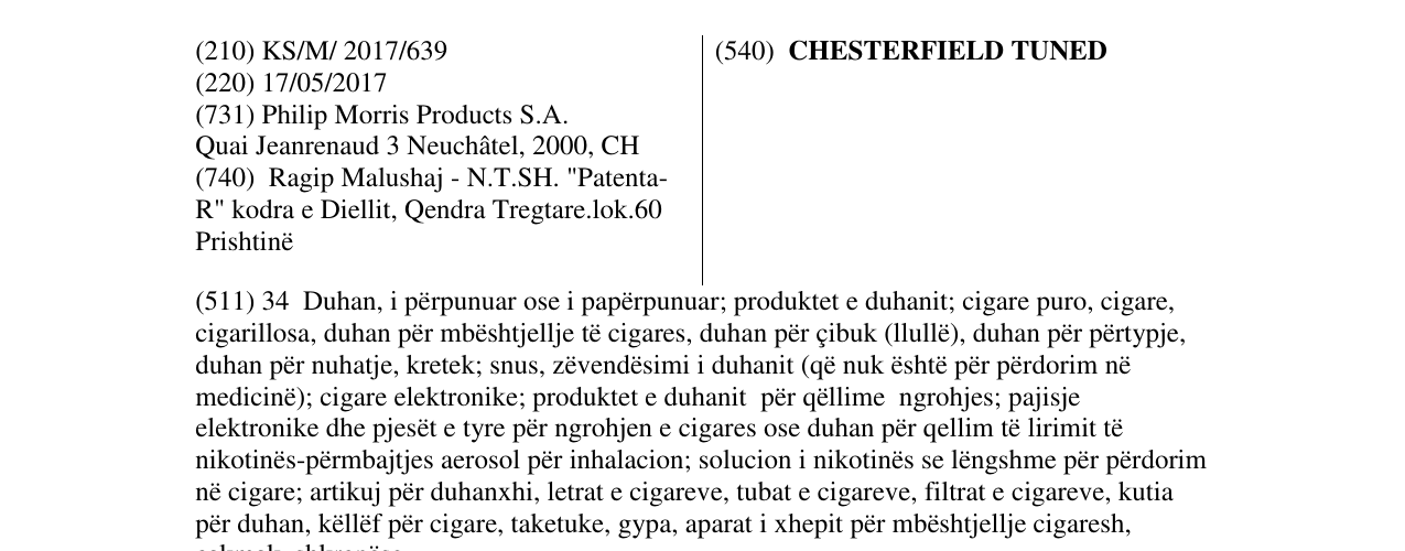 Zëri i markës CHESTERFIELD TUNED në buletin