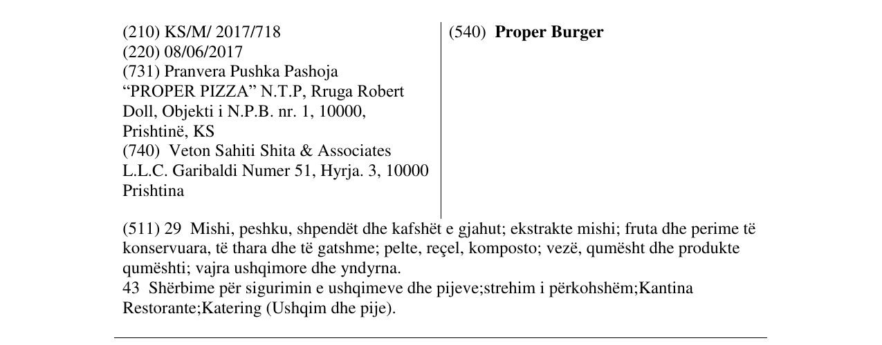 Der Eintrag der Marke Proper Burger im Bulletin
