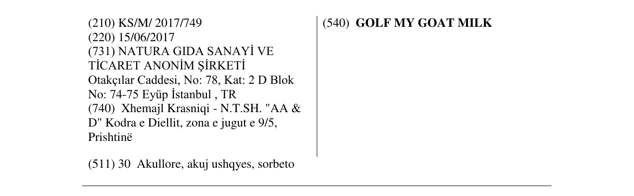 Zëri i markës GOLF MY GOAT MILK në buletin