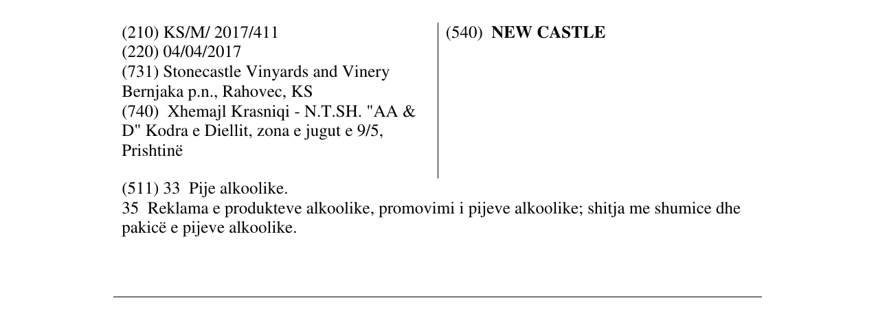 Zëri i markës NEW CASTLE në buletin