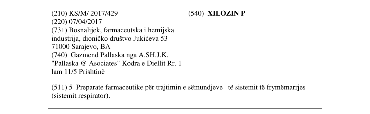 Zëri i markës XILOZIN P në buletin