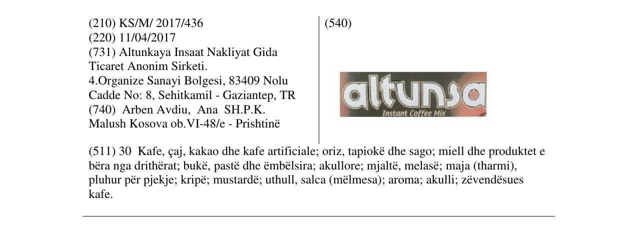 Zëri i markës altunsa Instant Coffe Mix në buletin