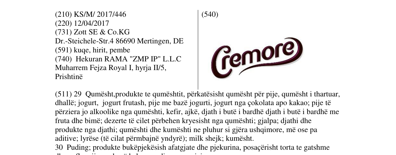Zëri i markës Cremore në buletin
